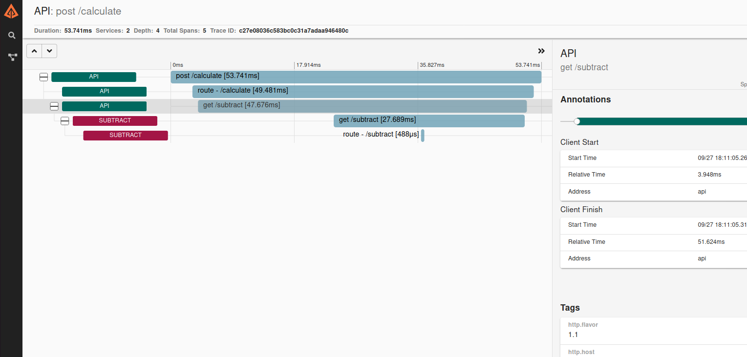 zipkin UI showing an example trace